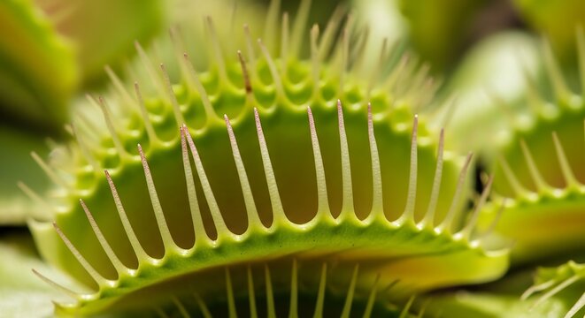 Macro detail of green venus flytrap plant with open carnivorous traps, botanical