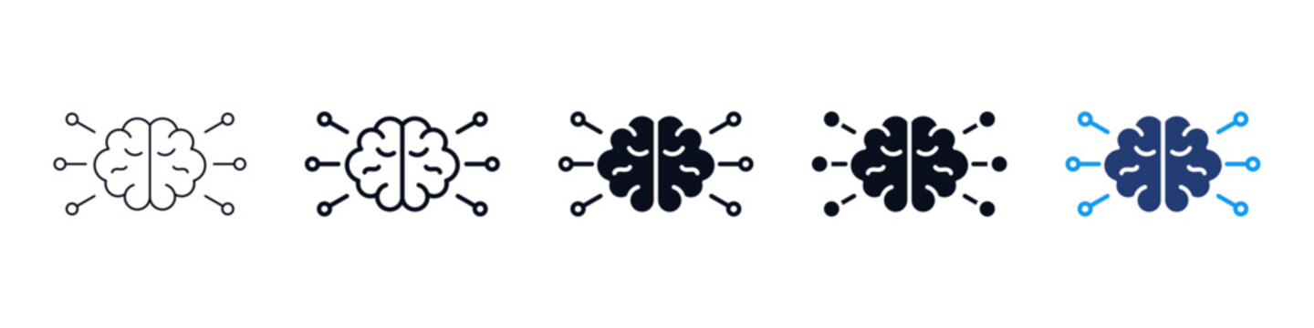 Brain Artificial Intelligence AI neural network icon set ; Human brain icon set with neural connections in outline and solid styles, representing artificial intelligence and machine learning