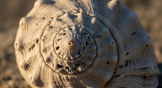 Close up of a spiral seashell texture on a sandy beach at sunset with seashell