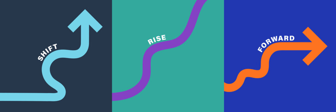 Abstract motivational business arrow growth poster set dynamic lines ; Vibrant abstract poster set with flowing lines and arrows showing shift rise forward concepts, for business growth, progress