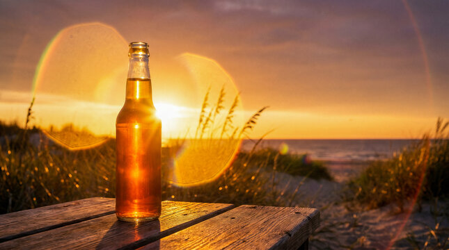 Botella de bebida iluminada por luz dorada de atardecer, fondo minimalista, flare natural, estilo cinematogr&aacute;fico, copy space amplio.