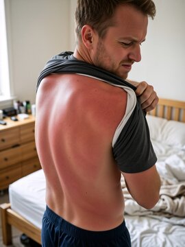 Caucasian man vacationer with severe sunburn on back wincing in pain in bedroom. Skin care and summer health safety vertical banner