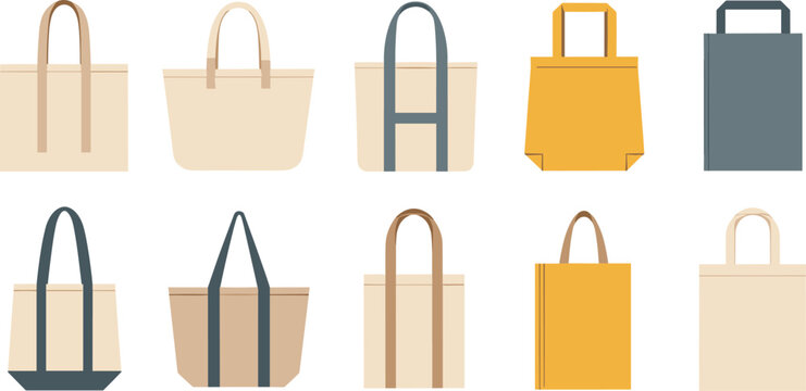 Tote Bag and Reusable Shopping Bag Vector Set Featuring Various Minimalist Styles in Cotton Canvas and Fabric Materials for Eco-Friendly Retail Designs Isolated on White Background
