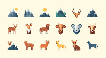 Fototapeta premium Stylized mountain and animal icon collection