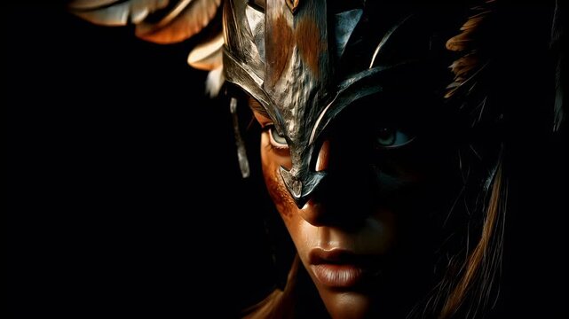 Fantasy wallpaper. A closeup portrait of a warrior or warrior, set against a dark background. The warriors face is the main subject, with striking blue eyes and a fierce expression.
