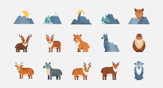 Stylized mountain and animal illustrations