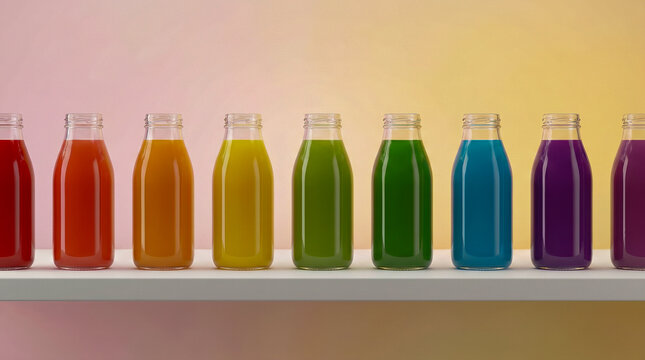 Fila de bebidas de colores vibrantes alineadas sobre fondo degradado, iluminaci&oacute;n uniforme, estilo minimalista publicitario.