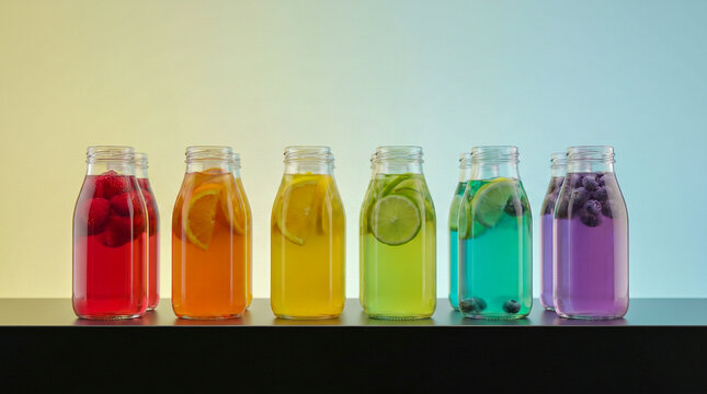 Fila de bebidas de colores vibrantes alineadas sobre fondo degradado, iluminaci&oacute;n uniforme, estilo minimalista publicitario.