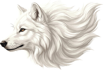 Majestic white wolf head profile vector illustration with flowing mane isolated on white background for wildlife branding. © Rakib
