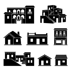 Obraz premium black and white vector silhouette set of mexican houses types