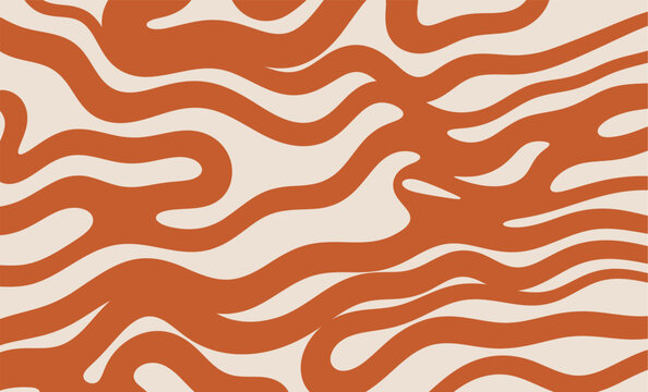 Abstract wavy pattern background organic flow ; A trendy abstract background featuring organic wavy lines shapes in a warm terracotta and beige color palette, perfect for modern retro designs.