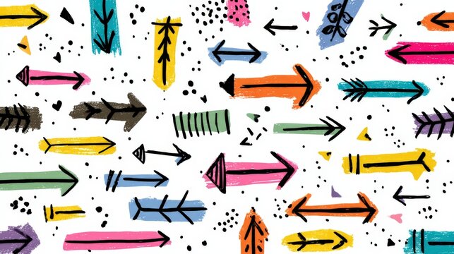 Bright arrows in playful, colorful designs dance across a white background. Black specks add texture and energy to the lively pattern. Arrows point in all directions, symbolizing movement
