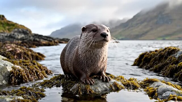 Cute Otter Perched on a Rock with Seaweed and Watching the Calm Water and Mountains