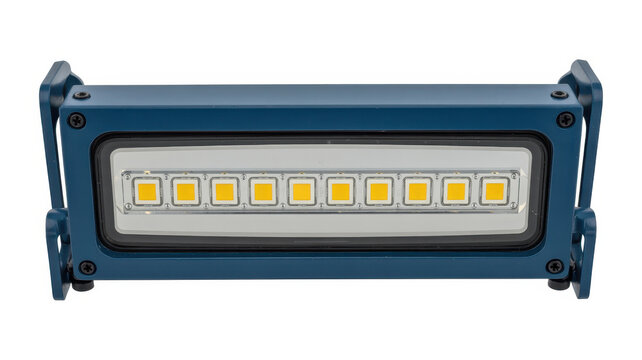 Rectangular led work light with blue metal frame and multiple bright yellow light emitting diodes