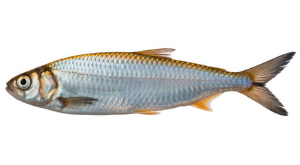 Fototapeta premium Single fresh silver fish with shiny scales and fins isolated on a plain white background view