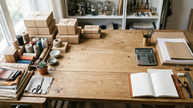 High - angle scene of handmade goods workspace with materials and packaging