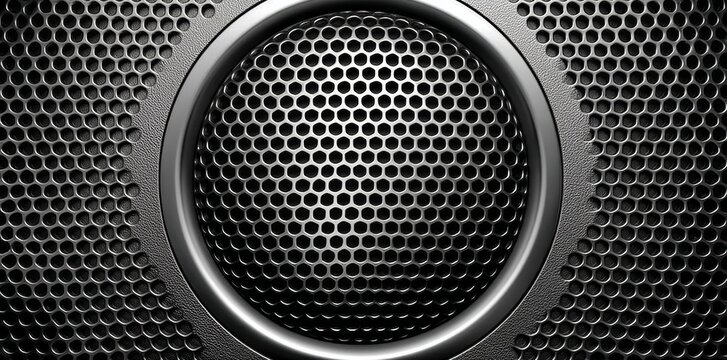 Close-up of a dark metallic speaker grille with a circular pattern, showcasing a modern and industrial design.