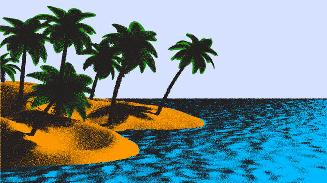 Beach or tropical coast landscape with palm tree and mountains over sea in retro dotwork style
