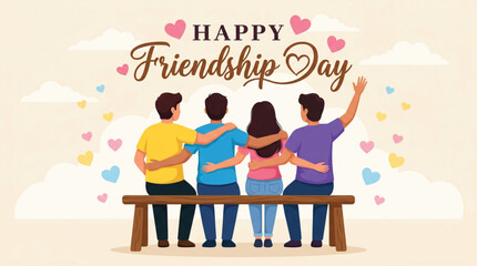 Obraz premium Group of friends sitting on wooden bench with arms around each other for happy friendship day vector illustration.
