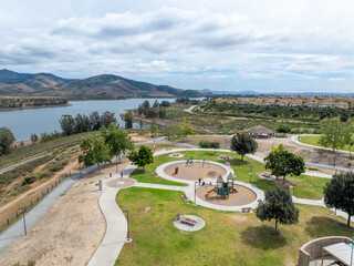 Naklejka premium Aerial view of Otay Lakes County Park in Chula Vista, California, a scenic view of a mountain range, the lake. High quality photo