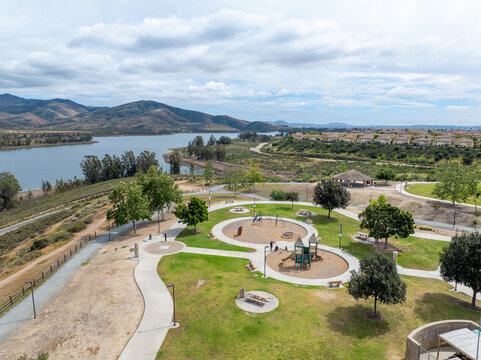 Aerial view of Otay Lakes County Park in Chula Vista, California, a scenic view of a mountain range, the lake. High quality photo