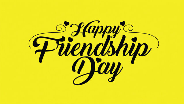 Happy friendship day cursive lettering with small hearts on bright yellow background vector illustration.