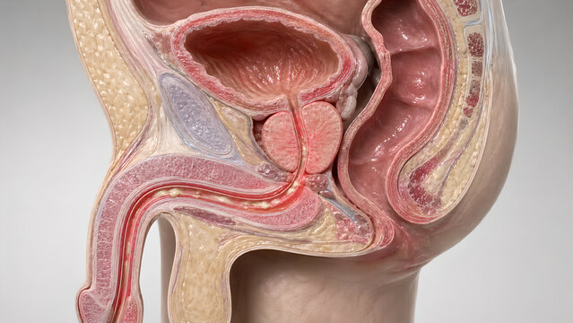 Photorealistic urethral wall cross-section with gonorrheal infection, inflamed mucosa, mild swelling, increased vascularity, and small mucopurulent material in lumen.