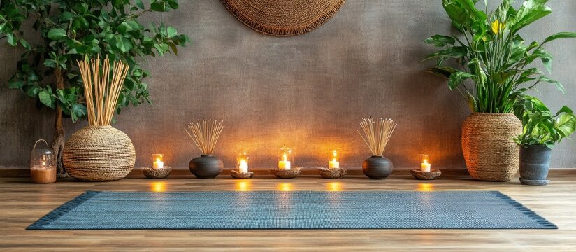 Yoga Studio Interior with Blue Mat and Glowing Candles