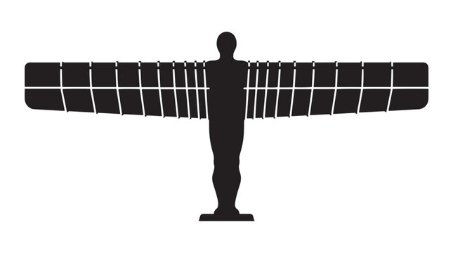 Vector silhouette of Angel of the North sculpture with outstretched wings, iconic public art landmark