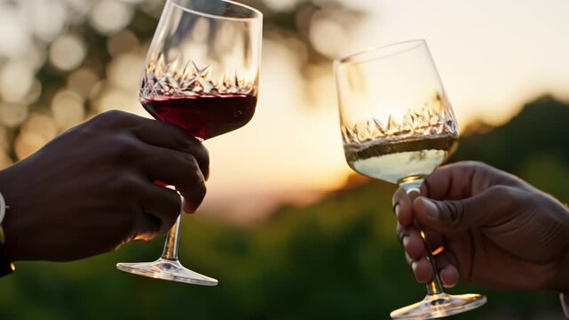 Two hands clinking wine glasses at sunset ideal for sleek commercial backgrounds and title sequences