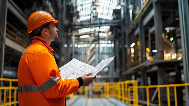 Male engineer in orange helmet and jacket examines technical blueprints inside bright modern factory with metal structures. Concept of industry and technology