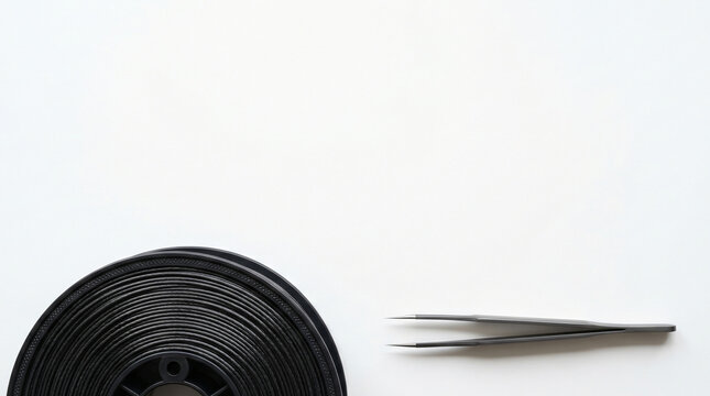 Black 3D Printer Filament Spool and Precision Tweezers on White Background - Flat Lay Composition for Additive Manufacturing, Rapid Prototyping, DIY Maker Projects, Professional Engineering, Materials