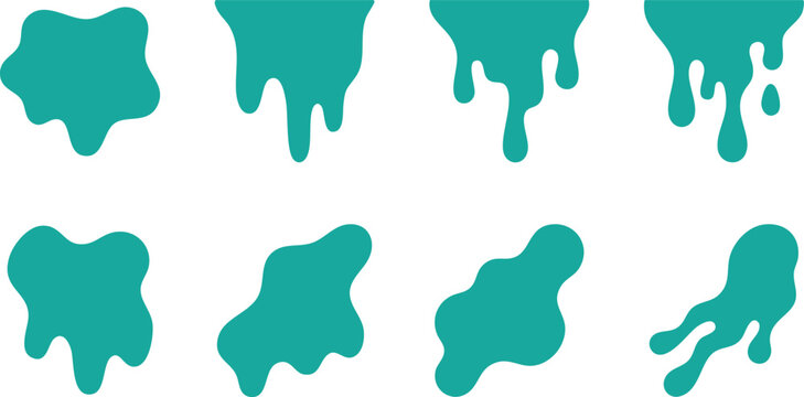 Collection of teal liquid splashes and drips in various shapes