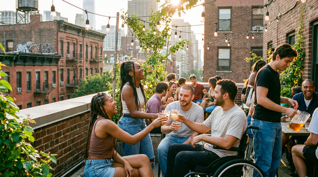 Grupo diverso de personas disfrutando bebidas en entorno urbano veraniego, luz natural, estilo aut&eacute;ntico, sin poses forzadas.