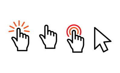 Fototapeta premium Clicking hand silhouette icons with cursor digital interaction elements