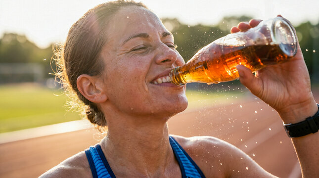 Persona sudada despu&eacute;s de deporte bebiendo refresco fr&iacute;o, gotas visibles, luz intensa, estilo din&aacute;mico, enfoque en expresi&oacute;n de alivio.