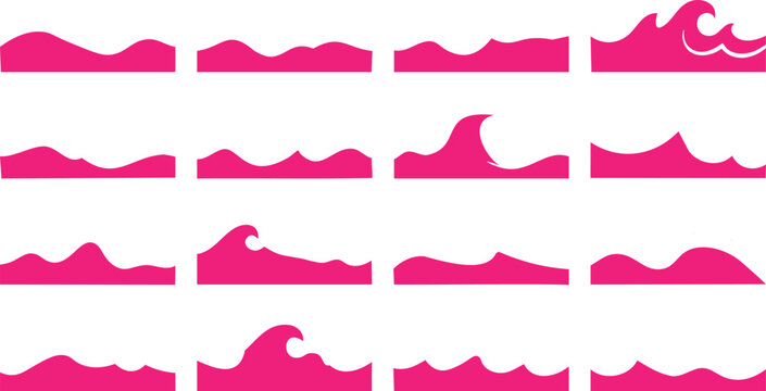 Set of pink wave in various styles and intensities waves ocean