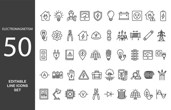 ELECTROMAGNETISM Line Editable Icons set. Vector illustration in modern thin line style of electrical energy related icons: electricity meter, electric cable, electrical panel, and more. 