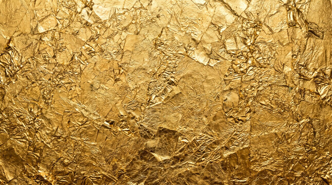 Close-up macro view of crumpled gold leaf texture with intricate details