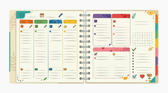 An open planner, vividly illustrated with colorful organizational tools and a clear schedule, captures the essence of efficient time management and goal-setting in a clean, inviting aesthetic. 