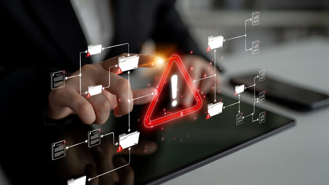 Digital Security Alert on Touchscreen Device Concept with Warning Symbol and Data Flow Diagrams Representing Cyber Threats and Vulnerabilities Sigmoid