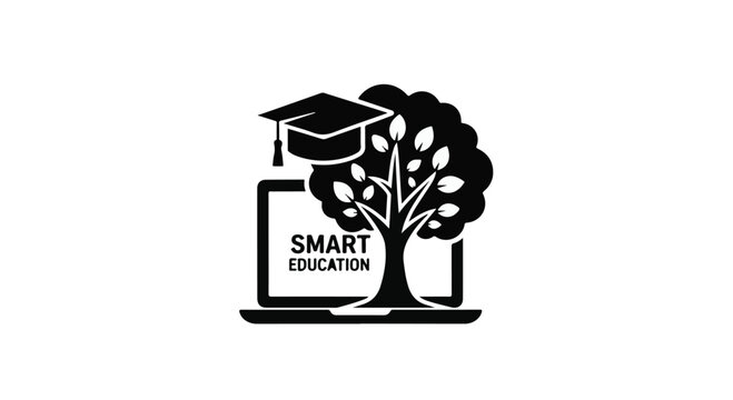 Laptop featuring a tree and graduation cap icon represents modern smart education digital learning tools.