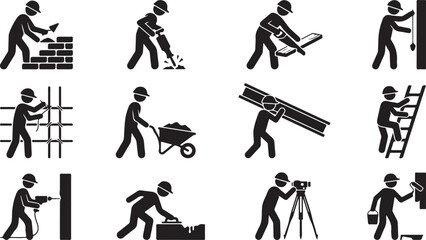 Fototapeta premium Construction Building Worker Silhouette Icons Set Site Work Tools Masonry Repair Vector Collection