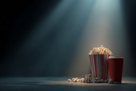 Popcorn Bucket and Soda Cup Glowing Under Cinema Spotlight in Dark Theater