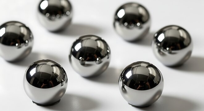 Steel chrome metal balls arranged on white background industrial spheres