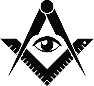Freemasonry symbol with square, compass, and all seeing eye, masonic occult mystery vector illustration