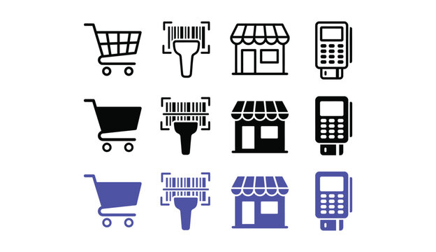 Shopping and retail icon set, vector elements for e-commerce, black and purple store symbols including shopping cart, barcode scanner, and pos terminal
