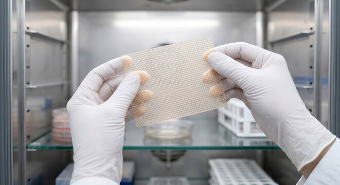 Scientist holding medical mesh sample in sterile laboratory environment for advanced tissue engineering.