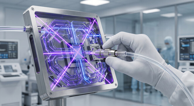 Scientist working with futuristic quantum computer chip in high-tech laboratory with neon lights.