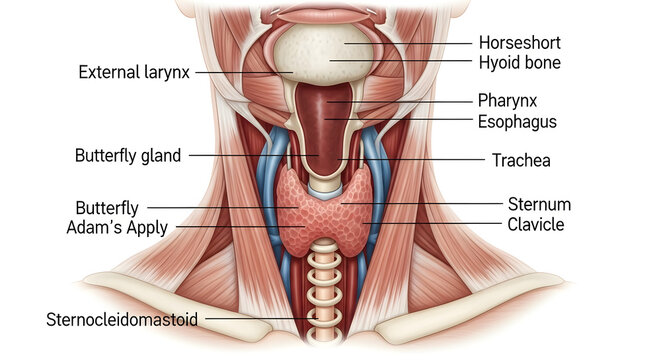 Anterior view of neck anatomy with labeled muscles, glands, and organs.